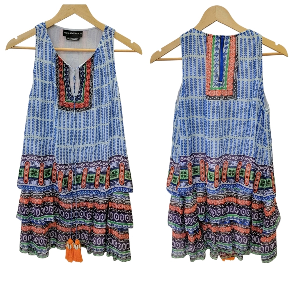 Hemant & Nandita Silk Tiered Mini Dress Bohemian Beaded Embellished Women’s XS - Picture 17 of 17